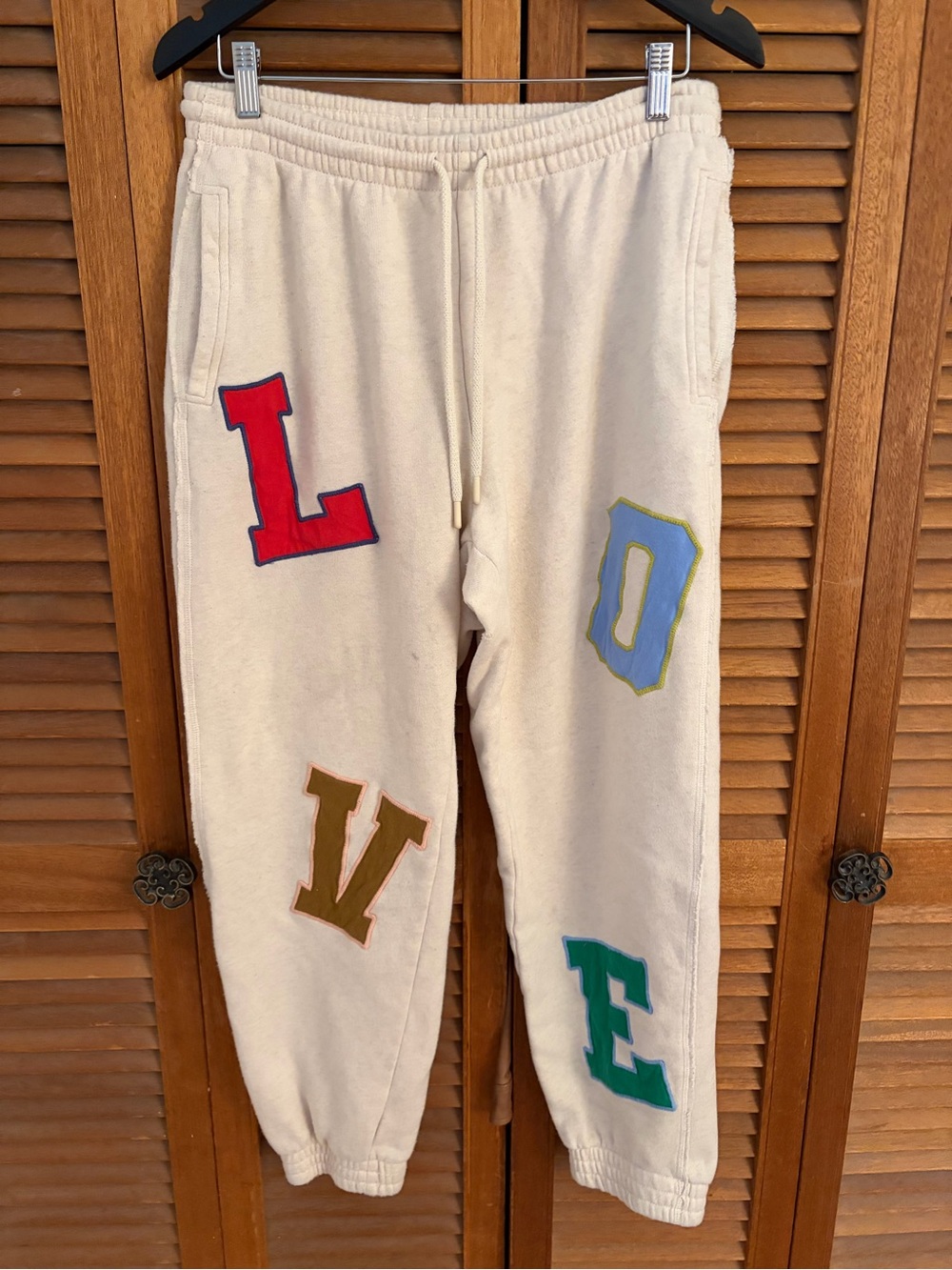 aerie womens Cream Track Joggers with Colorful 'LOVE' Letter Patches size large